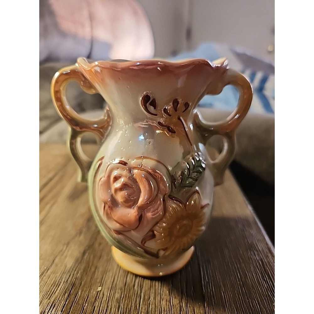 Ceramic Lusterware Dual Handled Vase with Flower Design - Made in Brazil